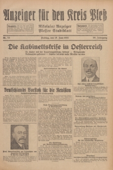 Anzeiger für den Kreis Pleß : Nikolaier Anzeiger : Plesser Stadtblatt. Jg.80, Nr. 73 (19 Juni 1931)