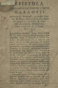 Epistola Exc.illimi & Rmi Comitis Garampii [...] ad Illmos & Rmos DD. Archiepiscop. & Episcopos : Data Varsaviæ die 30. Junii Anni 1775
