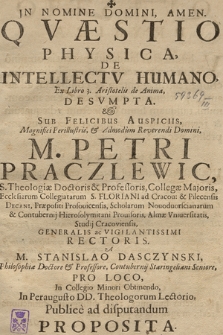 Qvæstio Physica, De Intellectv Humano : Ex Libro 3. Aristotelis de Anima, Desvmpta