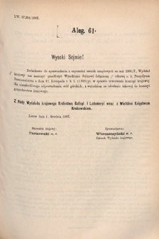 [Kadencja V, sesja V, al. 61] Alegata do Sprawozdań Stenograficznych z Piątej Sesyi Piątego Peryodu Sejmu Krajowego Królestwa Galicyi i Lodomeryi wraz z Wielkiem Księstwem Krakowskiem z r. 1887/8. Alegat 61