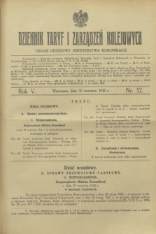 Dziennik Taryf i Zarządzeń Kolejowych : organ urzędowy Ministerstwa Komunikacji. R.5, nr 52 (30 września 1932)
