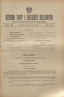 Dziennik Taryf i Zarządzeń Kolejowych : organ urzędowy Ministerstwa Komunikacji. R.7, nr 45 (20 lipca 1934)