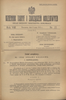 Dziennik Taryf i Zarządzeń Kolejowych : organ urzędowy Ministerstwa Komunikacji. R.8, nr 22 (8 maja 1935)