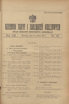 Dziennik Taryf i Zarządzeń Kolejowych : organ urzędowy Ministerstwa Komunikacji. R.8, nr 48 (20 grudnia 1935)