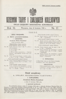 Dziennik Taryf i Zarządzeń Kolejowych : organ urzędowy Ministerstwa Komunikacji. R.11, nr 17 (22 kwietnia 1938)