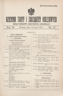 Dziennik Taryf i Zarządzeń Kolejowych : organ urzędowy Ministerstwa Komunikacji. R.11, nr 52 (10 listopada 1938) + wkładka