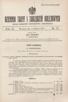 Dziennik Taryf i Zarządzeń Kolejowych : organ urzędowy Ministerstwa Komunikacji. R.11, nr 53 (14 listopada 1938)