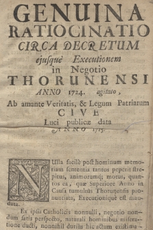 Genuina Ratiocinatio Circa Decretum ejusquè Executionem in Negotio Thorunensi Anno 1724. agitato