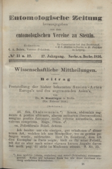 Entomologische Zeitung herausgegeben von dem entomologischen Vereine zu Stettin. Jg.17, No. 11 u. 12 (November u. December 1856) + wkładka