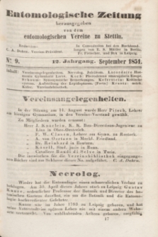 Entomologische Zeitung herausgegeben von dem entomologischen Vereine zu Stettin. Jg.12, No. 9 (September 1851)