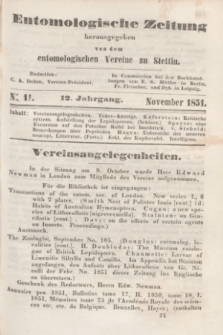 Entomologische Zeitung herausgegeben von dem entomologischen Vereine zu Stettin. Jg.12, No. 11 (November 1851)