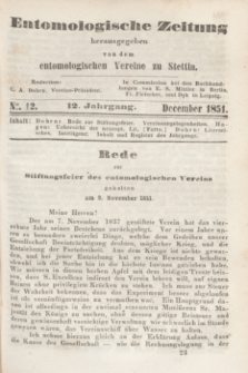 Entomologische Zeitung herausgegeben von dem entomologischen Vereine zu Stettin. Jg.12, No. 12 (December 1851) + dod.