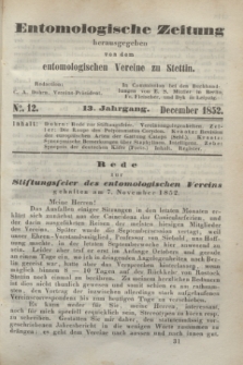 Entomologische Zeitung herausgegeben von dem entomologischen Vereine zu Stettin. Jg.13, No. 12 (1 December 1852) + wkładka