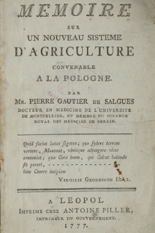 Memoire Sur Un Nouveau Sisteme D'Agriculture Convenable A La Pologne