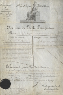 Dokument Napoleona Bonapartego, pierwszego konsula Republiki Francuskiej, zawierający nominację Wincentego Aksamitowskiego na stanowisko dowódcy 114. półbrygady piechoty liniowej