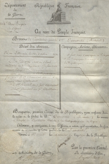 Dokument Napoleona Bonapartego, pierwszego konsula Republiki Francuskiej, zawierający nominację Antoniego Darewskiego na stopień kapitana piechoty liniowej