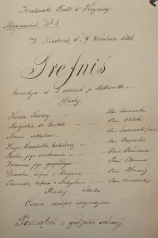 Krakowski Teatr w Krynicy, abonament no 3, w niedzielę d. 9 września 1866 : Trefniś, komedya w 2 aktach p. Mellesville