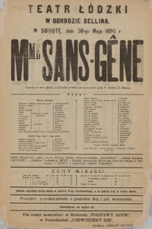 Teatr Łódzki w Ogrodzie Sellina, w sobotę dnia 30 maja 1896 r. : Mme Sans-Gêne, komedya w 4-ch aktach