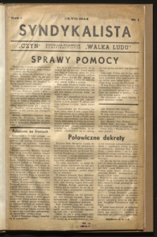 Syndykalista : Syndykalistyczne Porozumienie Powstańcze. R.1, nr 1 (29 sierpnia 1944)