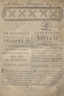 Propozycye J. Swiątobliwości Papiezkiey Piusowi VI przedłożone