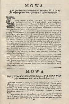 Mowa J.W. Jmci Pana Wielhorskiego Kuchmistrza W. X. Litt. Posła Wołyńskiego miana dnia 6. 9bris 1766. na Seymie Ordynaryinym
