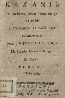 Kazanie X. Massillona Biskupa Klermonckiego O Poście