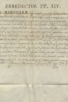 Dokument papieża Benedykta XIV dotyczący ustanowienia odpustu dla kościoła klasztornego dominikanów pw. św. Doroty w Piotrkowie