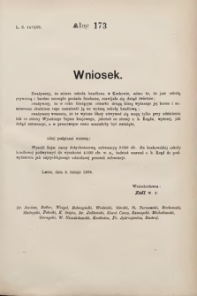 [Kadencja VII, sesja III, al. 173] Alegata do Sprawozdań Stenograficznych z Trzeciej Sesyi Siódmego Peryodu Sejmu Krajowego Królestwa Galicyi i Lodomeryi wraz z Wielkiem Księstwem Krakowskiem z roku 1897/8. Alegat 173