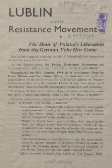 Lublin and the Resistance Movement : the hour of Poland's Liberation from the German yoke has come....
