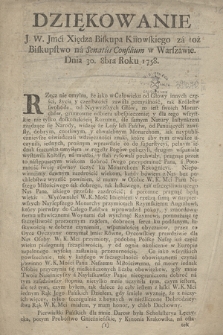 Dziękowanie J. W. Jmci Xiędza Biskupa Kiiowskiego za toż Biskupstwo na Senatus Consilium w Warszawie Dnia 30. 8bra Roku 1758