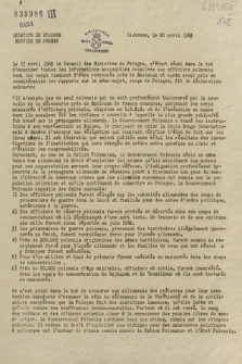 Legation de Pologne : le 17 avril 1943 le Conseil des Ministres de Pologne, s'étant réuni dans le but d'examiner toutes les informations accessibles relatives aux officiers polonais dont les corps viennent d'étre retrouvés près de Smolensk