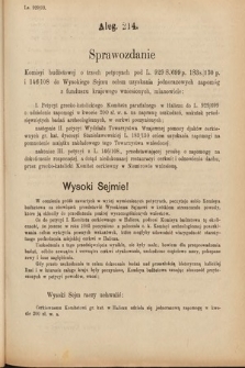 [Kadencja VI, sesja IV, al. 214] Alegata do Sprawozdań Stenograficznych z Czwartej Sesyi Szóstego Peryodu Sejmu Krajowego Królestwa Galicyi i Lodomeryi wraz z Wielkiem Księstwem Krakowskiem z roku 1892/3. Alegat 214