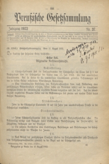 Preußische Gesetzsammlung. 1922, Nr. 37 (26 August)
