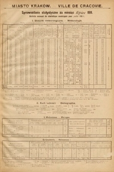 Miasto Kraków : sprawozdanie statystyczne za miesiąc lipiec 1911 = Ville de Cracovie : bulletin mensuel de statistique municipale pour juillet 1911