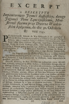 Excerpt z Reskryptu Imperatorowey Jeymći Rossyiskiey, danego Jegomći Panu Łąnczyńskiemu, Ministrowi swemu przy Dworze Wiedeńskim będącemu, de die 30 Octobris st. vet. 1743
