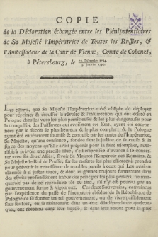 Copie de la Déclaration échangée entre les Plénipotentaires de Sa Majesté l'Impératrice de Toues les Russies, & l'Ambassadeur de la Cour de Vienne, Comte de Cobenzl, à Pétersbourg, le 23. Décembre 1797. 3. Janvier 1795