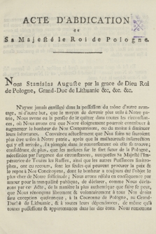 Acte D' Abdication de Sa Majesté le Roi de Pologne