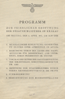 Program zur feierlichen Eröffnung der Staatsbibliothek in Krakau am Freitag, den 4. April 1941