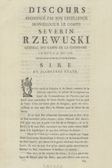 Discours Prononcé Par Son Excellence Monseigneur Le Comte Severin Rzewuski General Des Camps De la Couronne à la Diete le 28. Août 1776