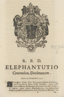 R. P. D. Elephantutio Cracouien. Decimarum. Lunæ 29. Novembris 1751