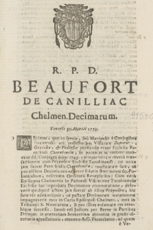 R. P. D. Beaufort De Canilliac Chelmen. Decimarum. Veneris 30. Martii 1753