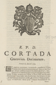 R. P. D. Cortada Cracovien. Decimarum. Veneris 6. Martii 1750