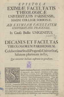 Epistola Eximiæ Facultatis Theologicæ Universitatis Parisiensis, Magni Collegi Sorbonæ, Ad Eximiam Facultatem Universitatis Pragensis, In Causa Bullæ Unigenitus...