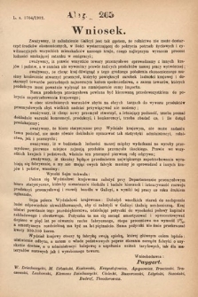 [Kadencja VIII, sesja I, al. 265] Alegata do Sprawozdań Stenograficznych z Pierwszej Sesyi Ósmego Peryodu Sejmu Krajowego Królestwa Galicyi i Lodomeryi z Wielkiem Księstwem Krakowskiem z roku 1902/903. Alegat 265