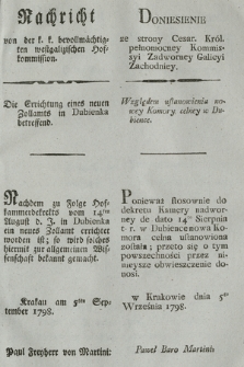 Nachricht von der k. k. bevollmächtigten westgalizischen Hofkommission : Die Errichtung eines neuem Zollamts in Dubienka betreffend. [Dat.:] Krakau am 5ten September 1798