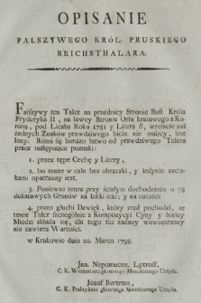 Beschreibung eines falschen königl. preussischen Reichsthalers. [Dat.:] Krakau am 20. Merz1798