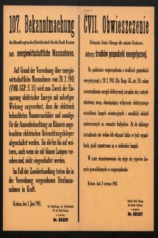 Bekanntmachung des Beauftragen des Distriktchefs für die Stadt Krakau betr. energiewirtschaftliche Massnahmen. 107
