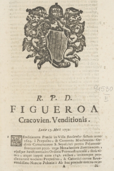 R. P. F. Figueroa Cracovien. Venditionis. Lunæ 15. Maii 1752