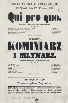 Teatr Polski w Nowym-Sączu we wtorek dnia 27. września 1859 : Qui pro quo, zakończy Kominiarz i Młynarz