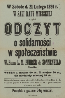 Odczyt o solidarności w społeczeństwie W. Panna L. M. Führer de Sonnenfeld literatka